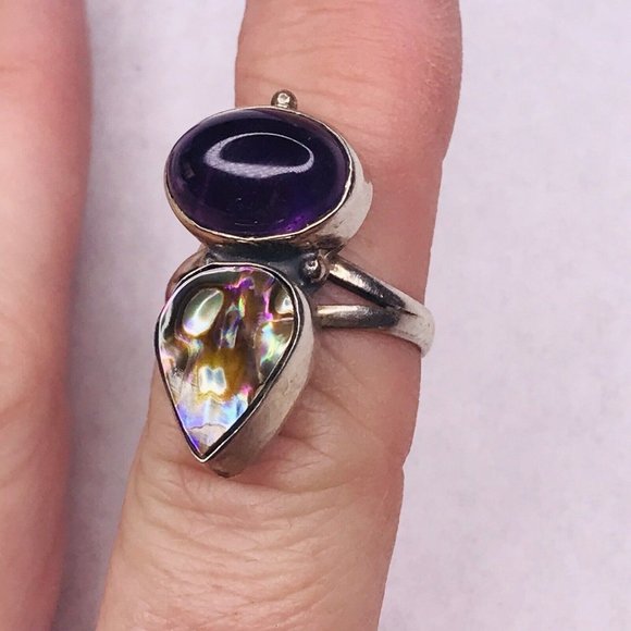 Sterling Silver Ring Amethyst Abalone Cab Stones Size 7 925 Night Signed - Picture 9 of 10